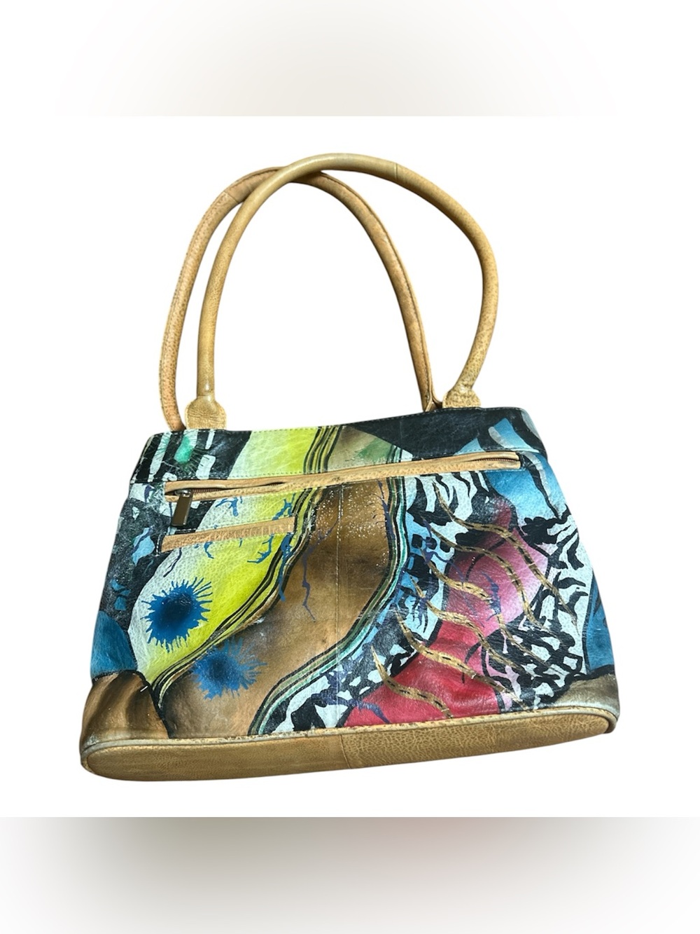 Biacci Multi-Color Artistic Leather Tote Bag with Green Accents